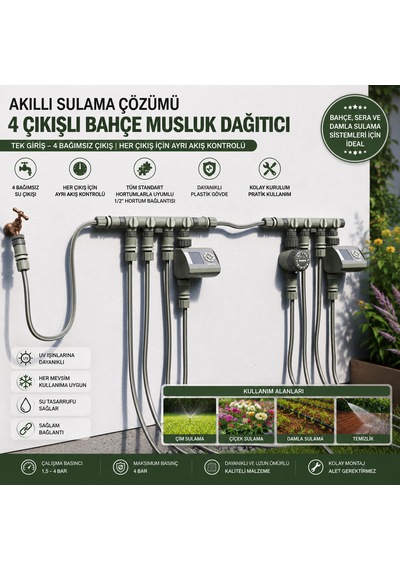 4 Çıkışlı Musluk Dağıtıcı Bağımsız Vanalı Hortum Çoklayıcı 304 Mm Çift O-ring Sızdırmaz Bahçe Sulama Aparatı