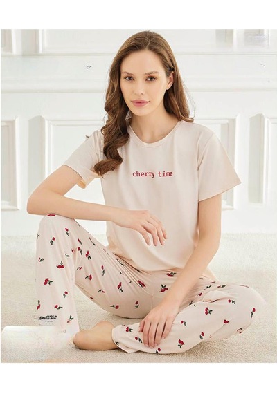 Mihra Kadın Bisiklet Yaka Milan Likralı Kısa Kol Pijama Takımı 50107ekru - 1 Adet Ekru
