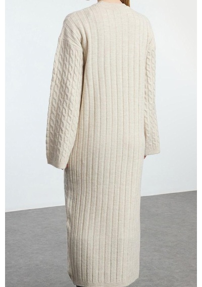 Ersefa Moda Stil Oversize Bisiklet Yaka Maxi Boy Tesettür Saç Örgülü Tri Bej