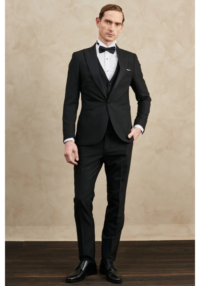 Ac&Co / Altınyıldız Classics Erkek Sıyah Slim Fit Dar Kesim Kırlangıç Yaka Desenli Klasik Smokin Takım Sıyah Siyah