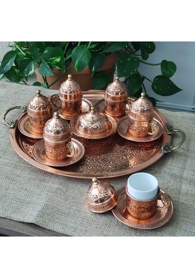 İşlemeli Altılı Mat Bakır Fincan Seti