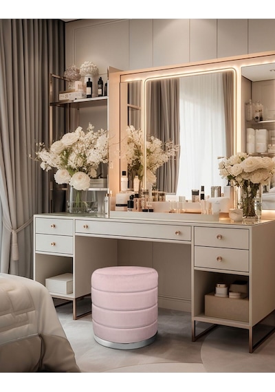 Lungo Roller Silver Kaplama Luxery Puf-pembe Babyface Kumaş Pofuduk Oturma Pufu&makyaj Pufu&bench
