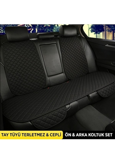 Tay Tüyü Cepli & Terletmez Sırtlı Oto Koltuk Minder Seti - Koltuk Koruma Kılıfı - Ön Ve Arka Koltuk Minder Set Siyah-siyah