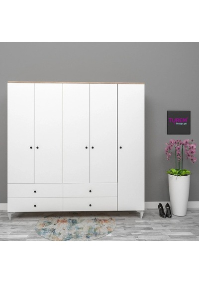 5 Kapılı Oval Kulplu Gardırop Suntalam Beyaz