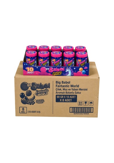 Big Babol Fantastic World Çilek, Muz Ve Yaban Mersini Aromalı Balonlu Sakız 90 Gr X 10 Adet X 8 Adet-395