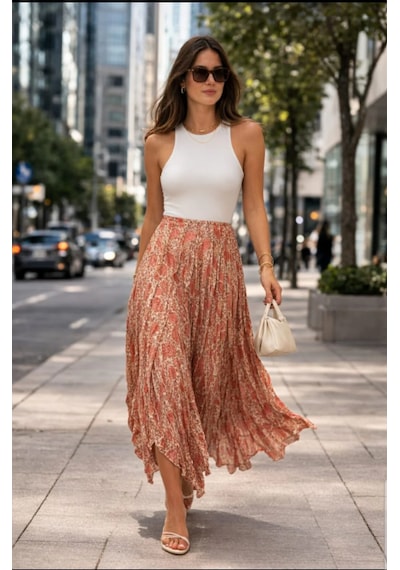Trendol Fashion Life Şifon Kumaş Desenli Kraşlı Kadin Etek Desenli Turunncu