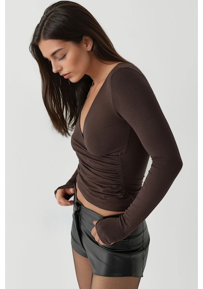 Hiccup Yumuşak Dokulu Slim Fit V Yaka Uzun Kollu Üst Koyu Mocha Kahve