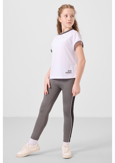 Tommylife Beyaz-koyu Gri O Yaka Yan Şerit Detaylı Standart Fit Performans Kız Çocuk Tayt Takım - 75191 Beyaz