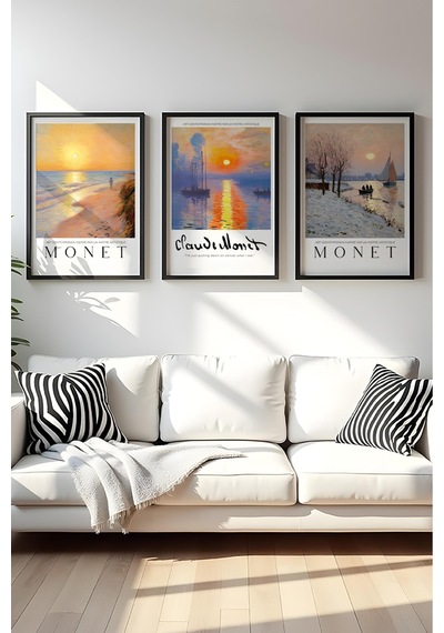 Huhuli Ahşap Siyah Çerçeveli Claude Monet Tablo Seti Huhu561