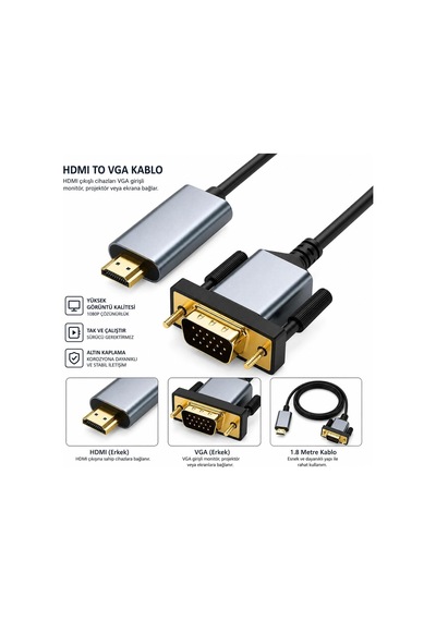 Hdmı To Vga Dönüştürücü Kablo 1080p 60hz Full Hd Hdtv Hdmı Çıkıştan Vga Monitör Projeksiyon Bağlantı Kablosu Tek Yönlü Görüntü Aktarımı Zr1162