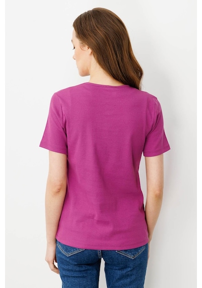 Kadın V Yaka Kaşkorse Pamuk T-shirt Sıklamen pembe