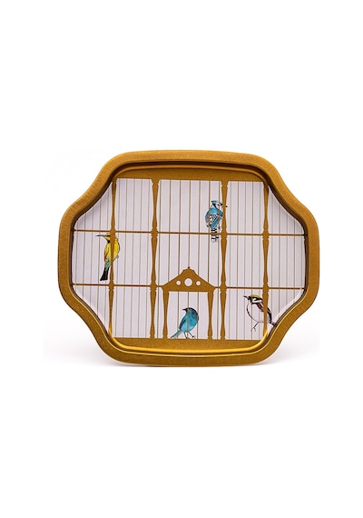 Bird Cage Desenli Büyük Sekizgen Metal Tepsi, 27 X 33 Cm