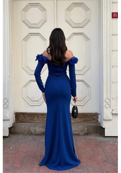 Euro Class Kadın Esnek Krep Kumaş Straplez Abiye Elbise Saks