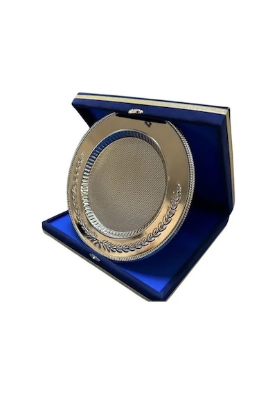 Kişiye Özel Baskılı Kırmızı - Lacivert Kutu 25 Cm Tabak Plaket 30,5x30,5x5,5 Cm Gümüş - Gold