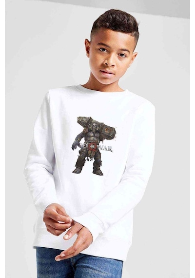 Tshirthane God Of War Silhouette Baskılı Unisex Çocuk Beyaz Sweatshirt Beyaz