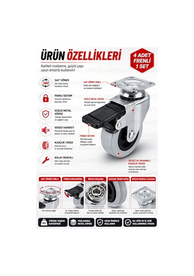 4 Adet Frenli Döner Tablalı 50 Mm Bilyalı Mobilya Tekeri 360 Döner Masa Dolap Sehpa Tekeri Ağır Yük Çok Renkli