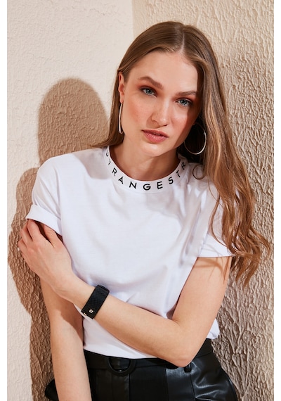 Lela Yakası Baskılı Bisiklet Yaka Basic Örme Bayan T Shirt 5864054 Beyaz