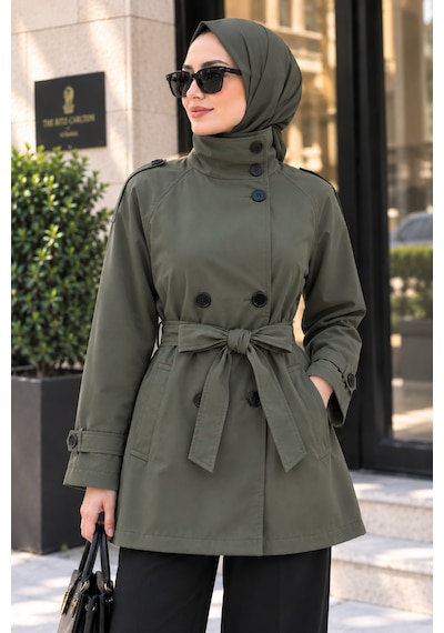 Sevitli Dik Yaka Kemerli Trençkot-haki-5955