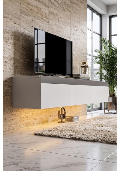 Pureline Tech Led Işıklı Tv Ünitesi 180 Cm - Modern Tv Sehpası - Beyaz Antrasit
