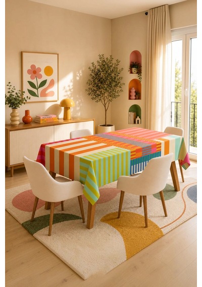 Vivanni Home Yıkanabilir Dikdörtgen Masa Örtüsü Günlük Kullanıma Uygun Pratik Ve Uzun Ömürlü Rengarenk Çizgili