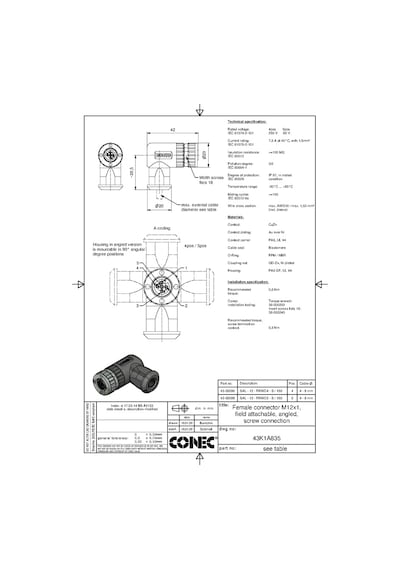 M12 5 Pin Dişi 90° Konnektör Conec 43-00098