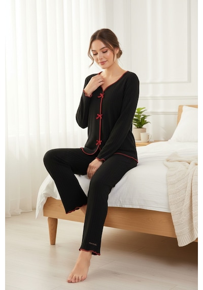 Angbutik Premium Kadın 4 Lü Fitilli Set Siyah Kırmızı Biyeli Pijama Üst, Pantolon, Bikini Takımı