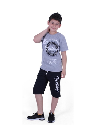 Fyk Kids Custom Yazı Baskılı Erkek Çocuk Yazlık Takım Melanj Gri