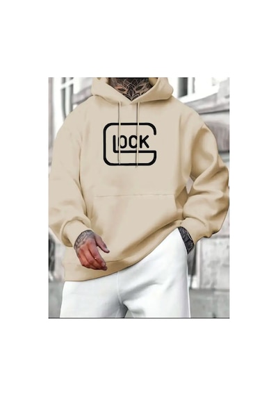 Medinenur Lock Baskılı Kapüşonlu Cepli Sweatshirt Bej
