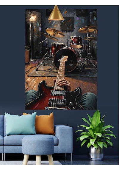 Elektro Gitar Ve Bateri Davul Seti Dekoratif Kanvas - Mdf Ahşap Tablo