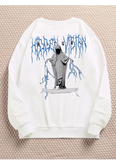 Startmore Adrift Ritual Mavi Renkli Oversize Bisiklet Yaka Pamuklu Sweatshirt Beyaz Beyaz