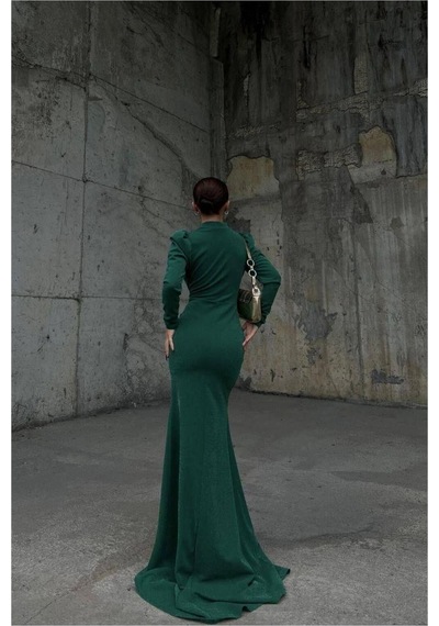 Lior Design Kadın Vintage Esnek Simli Kumaş Degaje Yaka Büzgülü Abiye Elbise Zümrüt