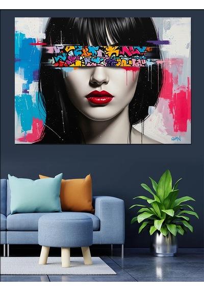 Pop Art Göz Bantlı Kırmızı Rujlu Siyah Beyaz Kadın Yüzü Dekoratif Kanvas - Mdf Ahşap Tablo