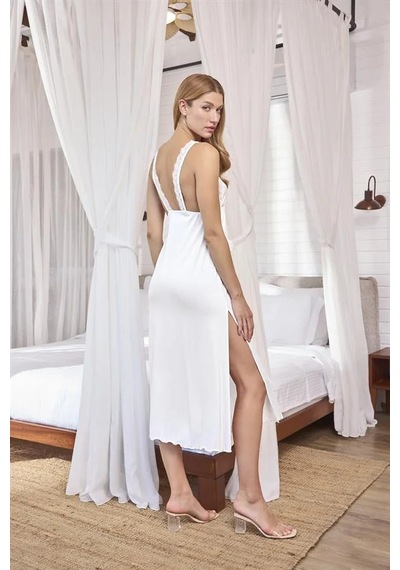 Ang Butik Kadın Dantelli Ve Dekolteli Yırtmaçlı Gecelik BEYAZ