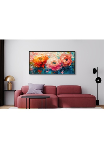 Yağlı Boya Dokulu Tablo Renkli Modern Yatay Çiçekler Siyah Çerçeveli U02043-178896