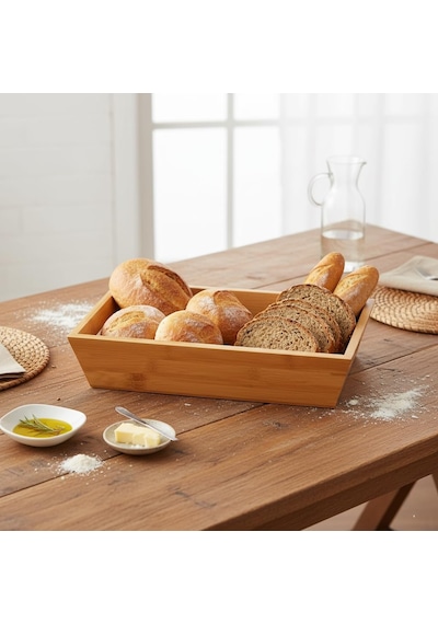 Lexroo Bambu Ekmek Sepeti Ve Sunumluk Doğal Ahşap Modern Meyve, Sebze Ve Servis Sepeti Çok Renkli