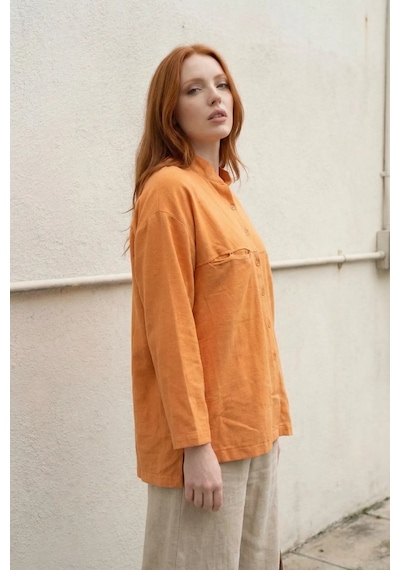Hiccup My Fashıon Oversize Uzun Kollu Keten Karışımlı Gömlek Soluk Turuncu