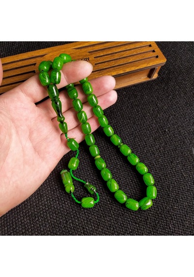 9x12 mm Yeşil Sıkma Kehribar Tesbih, Hareli Sıkma Kehribar