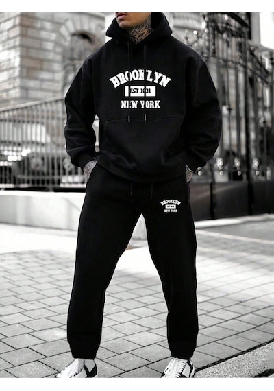 Siyah Brooklyn New York Baskılı Kapüşonlu Sweatshirt Ve Eşofman Altı Eşofman Takımı Siyah Siyah Brooklyn New York Baskılı Kapüşonlu Sweatshirt Ve Eşofman Altı Eşofman Takımı Siyah