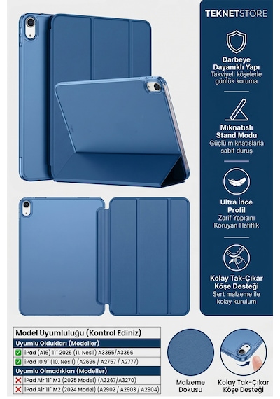 İpad 11. Nesil A16 Ve 10. Nesil 10.9" Uyumlu Kılıf A3355 A2696 Ultra İnce Standlı Kapak Lacivert Kapaklı Kılıf