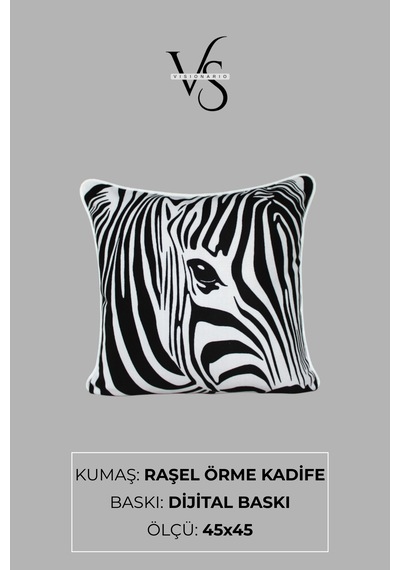 Kırlent Kılıfı Zebra Desenli 45x45 Raşel Örme Kadife Çift Taraflı Dijital Baskı Beyaz Biyeli Çok Renkli