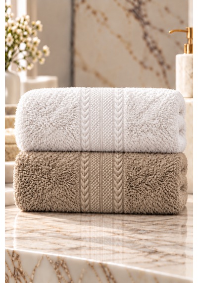 Puffy 2 Adet %100 Bambu Renkli Çavuş Desenli Ultura Yumuşak 50x85 Cm Havlu / Yüz Havlusu / Saç Havlusu / Çeyiz Seti Beyaz