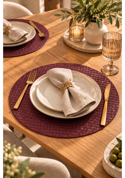 2 Li 38 Cm Yuvarlak Deri Amerikan Servis Supla Örgü Desenli Tabak Altlığı Bordo - 939602924 Bordo