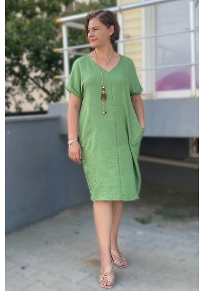 Mia Butik Büyük Beden Yeşil Kolye Hediyeli Salaş Elbise Yeşil