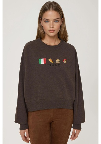Hiccup İşlemeli Yuvarlak Yaka Sweatshirt Kestane Kahvesi