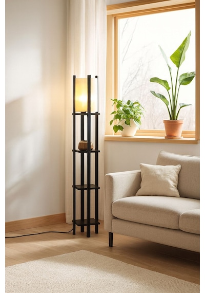 Modern Metal Gövdeli-raflı Dekoratif Ayaklı Lambader 22x22x145 Krem