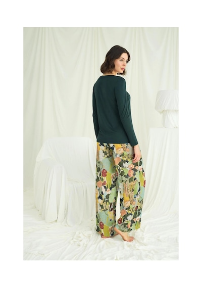 Litae Herşeytrend Çiçek Ve Yaprak Desenli Pijama Takımı Yeşil