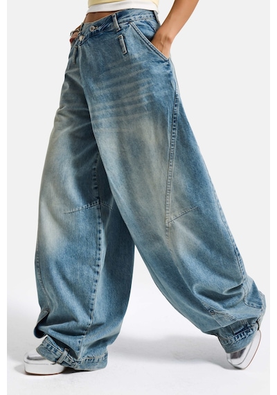 it's basic  Kadın Kot Rengi 4s6-32 Süper Baggy Fit Kemer Detaylı Özel Tasarım Denim Jean Mavi