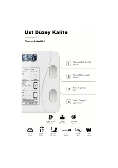 Dijital Bluetooth Baskül - Yağ Su Kas Vücut Kitle Endeksi Kilo Ölçer Tartı Vücut Analiz Cihazı Beyaz