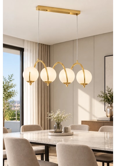 Modern Premium Gold 4'lü Sarkıt Avizesi Ampül Hediyeli Küreli Lüks Salon Mutfak Modelleri E14 Duy