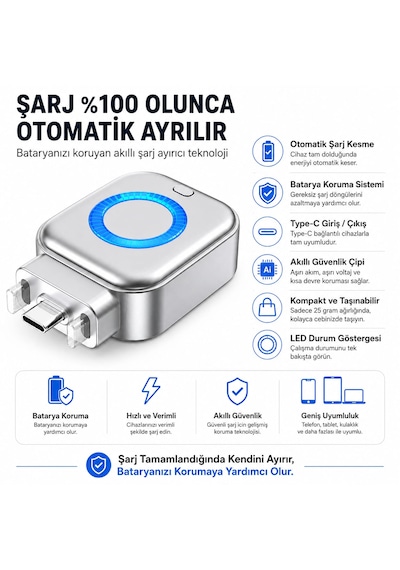 Type-c Akıllı Şarj Ayırıcı Otomatik Şarj Kesici Batarya Koruma Adaptörü Hızlı Şarj Destekli X01